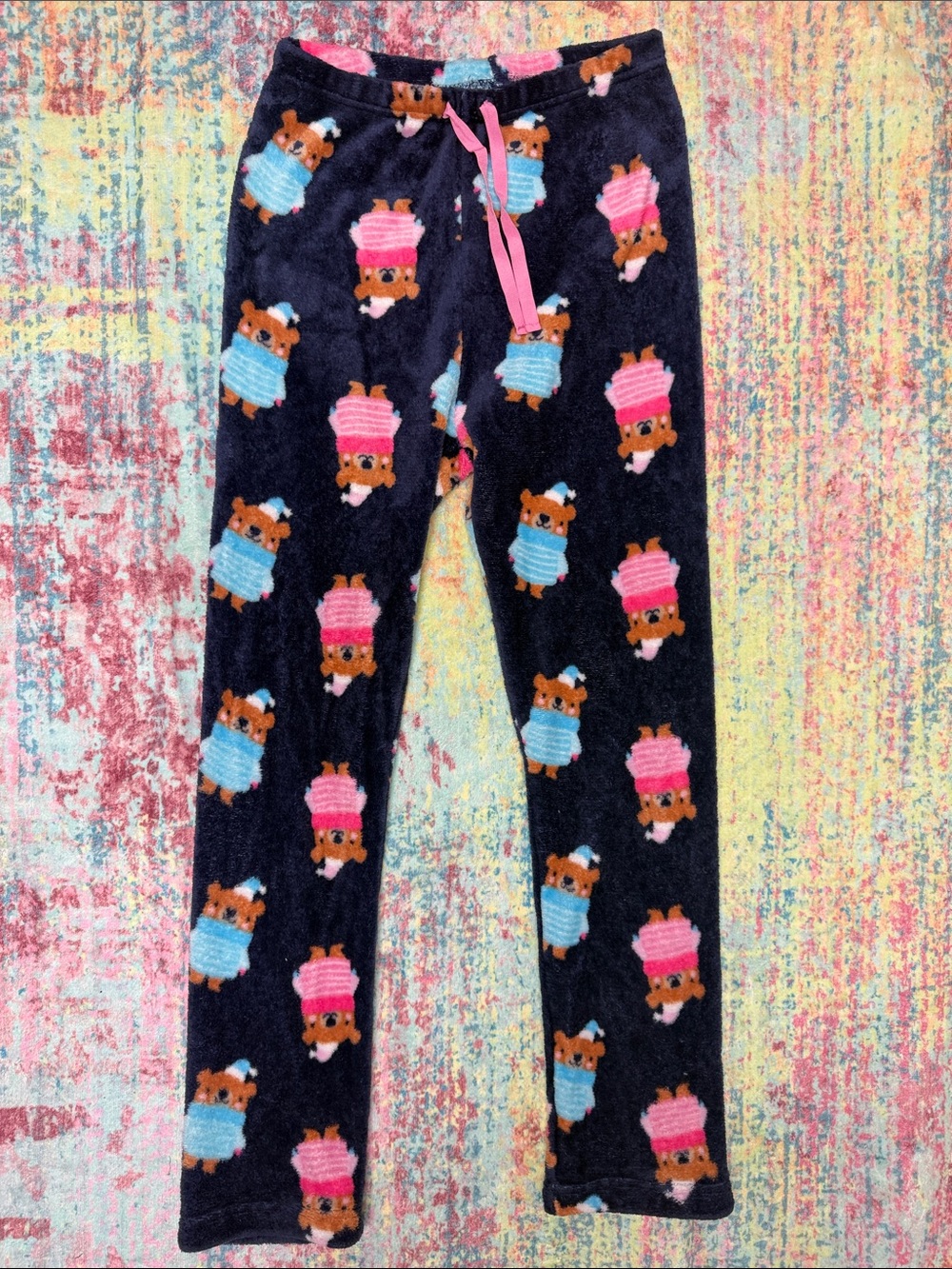 Girls' Navy Plush Pajama Pants with Pink & Blue Bear Motif